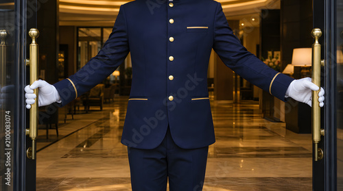 Doorman in blue uniform opening luxury hotel entrance doors