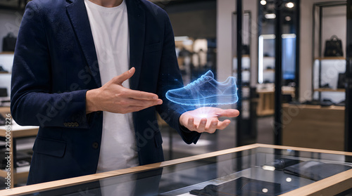 Man presenting a holographic sneaker in a futuristic retail store