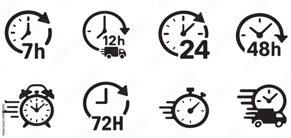 Fototapeta premium Time and Clock Icons Collection Including 12 Hour, 24 Hour, Stopwatch and Timer Symbols vector illustrator eps10