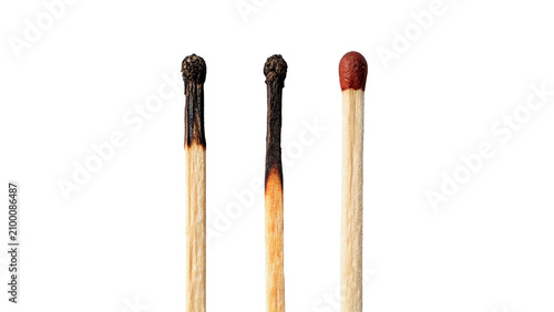 Tableau sur toile Three matches showing stages of burning from new to burnt isolated on transparen