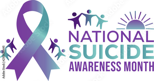  National suicide awareness month vector, teal and purple ribbon with human figures, plus a rising sun for September campaigns.