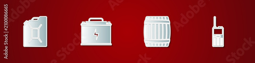Set Canister for gasoline, Car battery, Wooden barrel and Walkie talkie icon. Vector