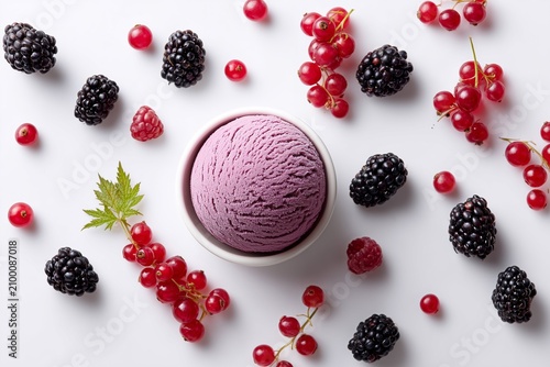 Purple Berry Ice Cream Scoop Surrounded by Blackberries and Red Currants on White Background.
