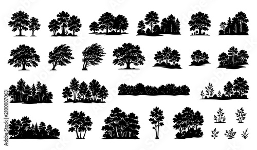 Black Tree and Forest Silhouette Vector Element Set Featuring Landscape Horizons Deciduous Woods and Pine Groves for Outdoor Adventure and Nature Conservation Designs