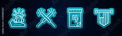Set line Statue of Liberty, Sparkler firework, Calendar with date July 4 and American flag. Glowing neon icon. Vector