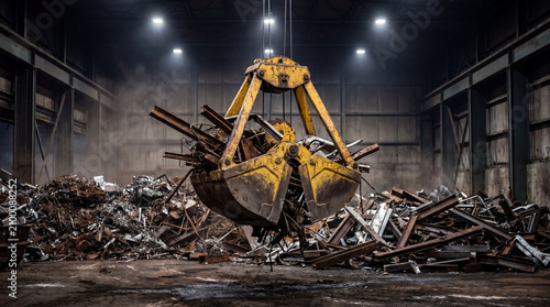 Yellow crane grab claw lifting a pile of scrap metal and debris inside a dark industrial scrapyard facility