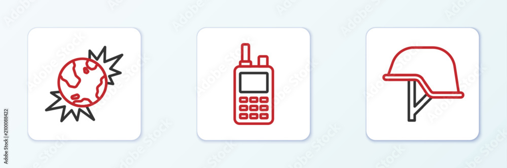 Fototapeta premium Set line Military helmet, Bomb explosive planet earth and Walkie talkie icon. Vector