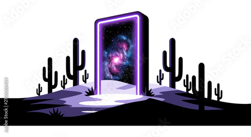 Foto Space portal opens to a galaxy in a desert landscape with cacti