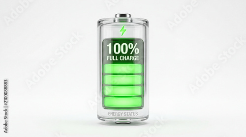Transparent battery displaying 100% charge with glowing green lights on a clean white background