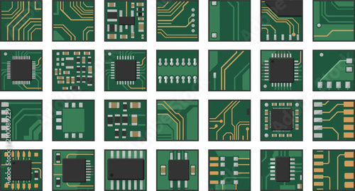 Printed Circuit Board and Microchip Components Collection with Electronic PCB Patterns and Computer Hardware Technology Illustrations