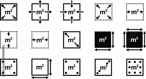 Square meter measurement silhouette icons set featuring area dimension symbols, floor plan sizing arrows, and architectural blueprint scaling vector graphics.