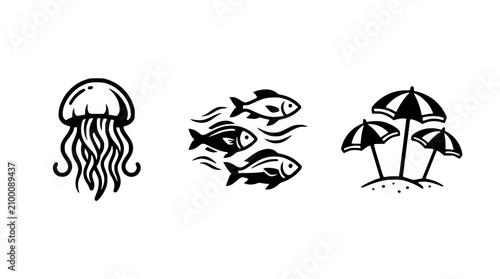Black and white vector illustration of beach scene with jellyfish and fish