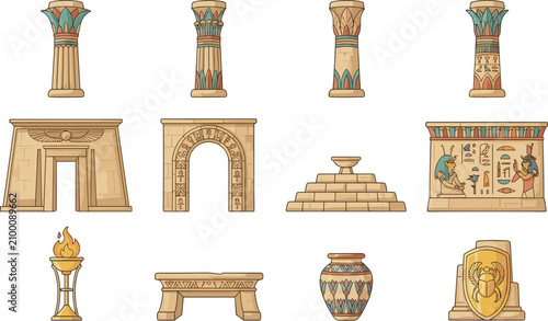Ancient Egyptian Architecture and Decorative Elements Collection with Temple Columns Hieroglyphics Artifacts and Historical Symbols
