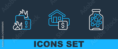 Set line Glass money jar with coin, Fire burning house and Hanging sign Sale icon. Vector