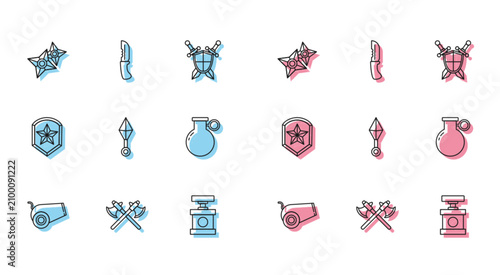 Photos Set line Cannon, Crossed medieval axes, Japanese ninja shuriken, Handle detonator for dynamite, grenade, Police badge and Military knife icon