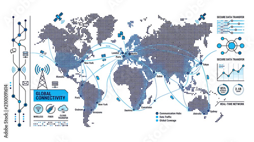 Canvas Print Global Connectivity Map with Digital Network Lines