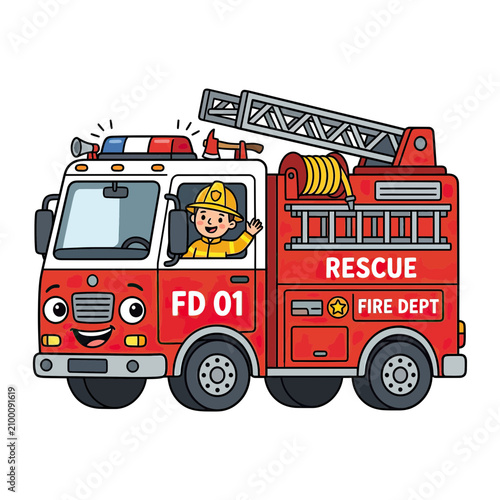 Konstfotografi Happy Firefighter Driving Cartoon Fire Truck