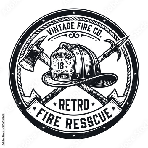 Vintage Fire Department Emblem with Tools and Helmet