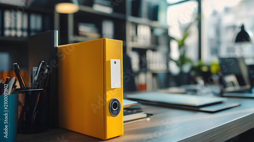 Bright yellow secure file folder on modern office workspace with stationery with surrounded writing instruments blurred urban backdrop contemporary office setting office supplies