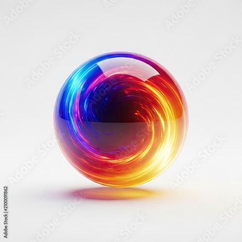 Vibrant Swirling Light Orb on White Background.