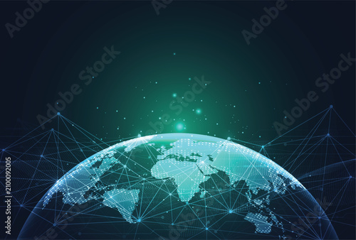 Abstract global communication technology background. Futuristic digital world map with internet data network connections.