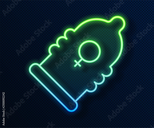 Fotografía Glowing neon line Condom safe sex icon isolated on blue background