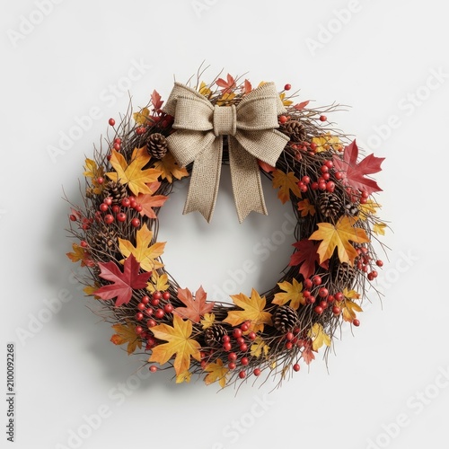 Autumn Wreath with Maple Leaves, Berries, and Burlap Bow on White Background.
