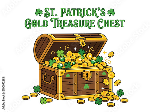 An open wooden treasure chest overflowing with gold coins and green clover decorations on a white background