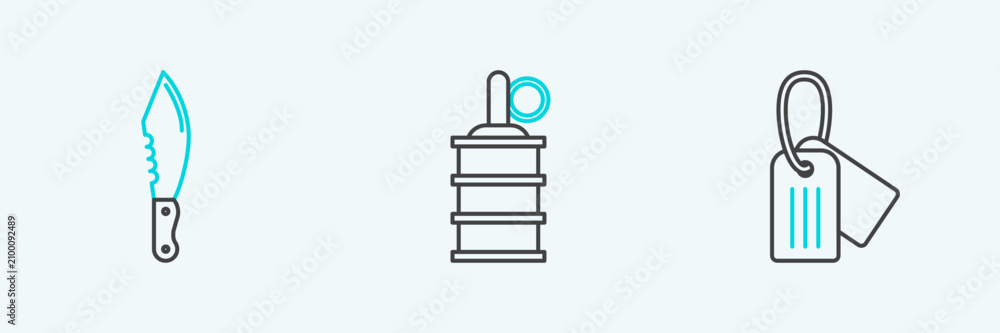 Fototapeta premium Set line Military dog tag, knife and Hand grenade icon. Vector