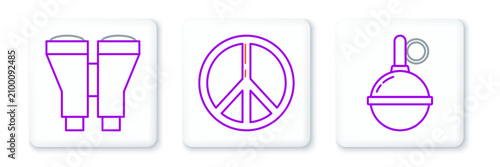 Photos Set line Hand grenade, Binoculars and Peace icon. Vector