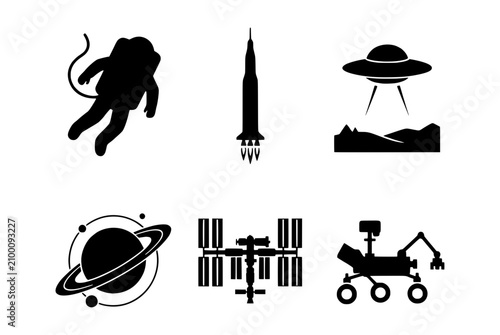 Space Exploration Icons: Astronaut, Rocket, UFO, Planet, ISS, Rover Set