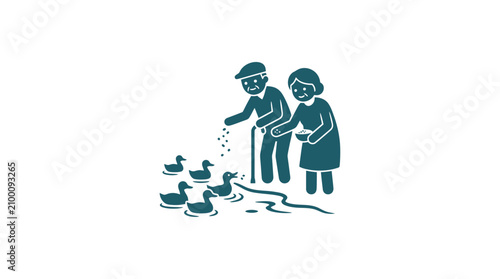 Tableau sur toile Elderly Couple Feeding Birds Outside.