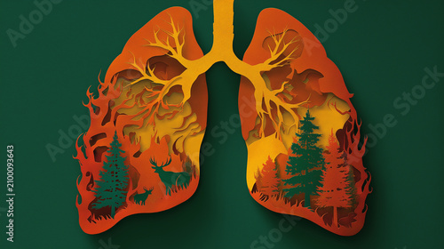 Stop Forest Fire Poster Template with Paper Art Lung Shape, Burning Trees, Wildlife and Environmental Awareness Vector Illustration
