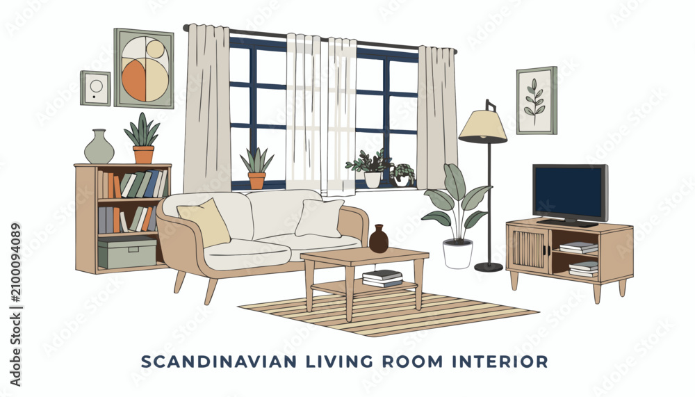 Fototapeta premium Very beautiful realistic vector illustration of a Scandinavian Living Room Interior featuring a complete naturally arranged room with a light wooden sofa, coffee table, TV cabinet, bookshelf, woven ru