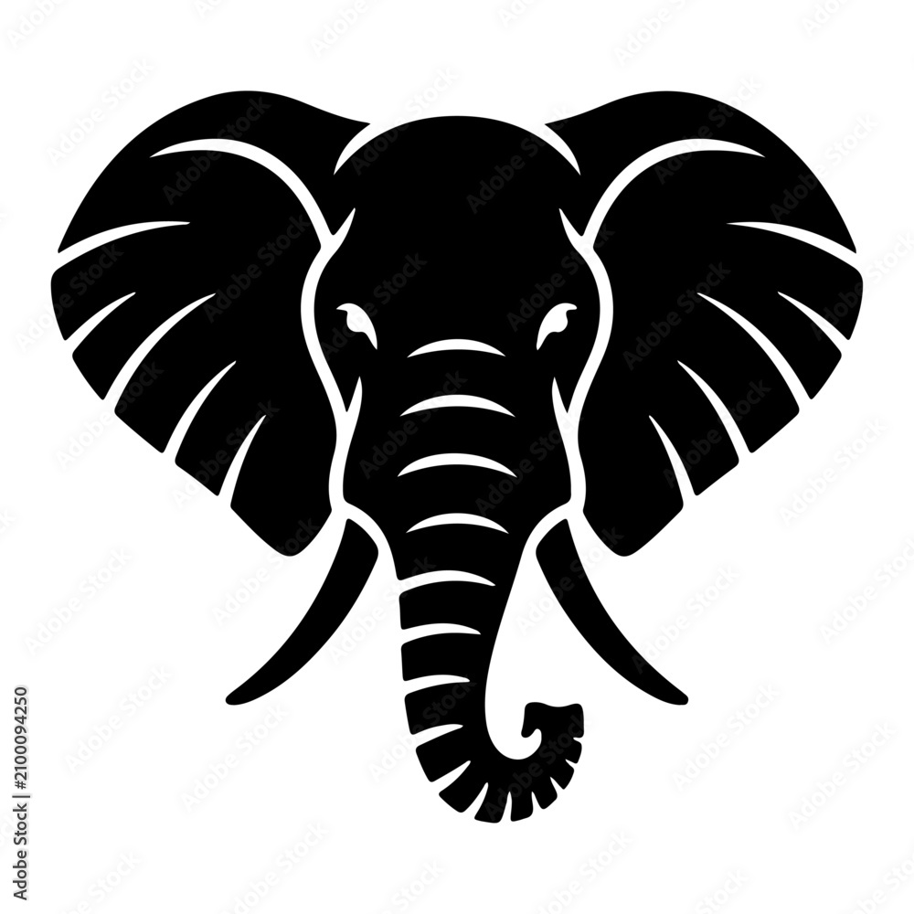 Obraz premium Elephant Head Silhouette Vector – Black Elephant Face Icon with Tusks Isolated on White Background