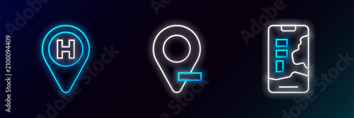Foto Set line City map navigation, Helicopter landing pad and Location icon