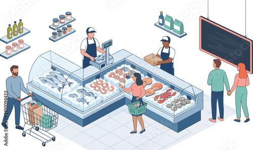 Tableau sur toile Isometric Seafood Market Interior with Fresh Fish Display Counters Customers and