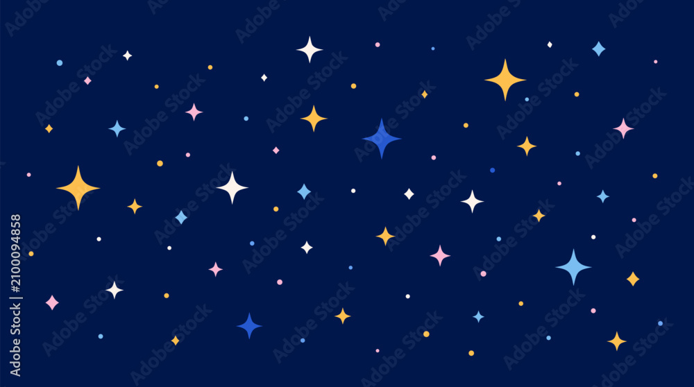 Fototapeta premium Abstract Night Sky Vector Background Featuring Scattered Colorful Glitter Sparkles and Glowing Stars on a Deep Midnight Blue Expanse for Magical Celestial Graphic Design and Festive Holiday Decor