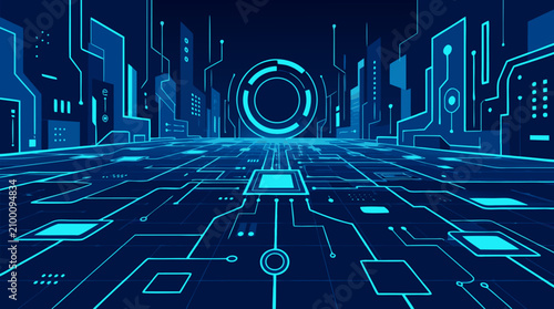 Futuristic Digital Technology Background with Glowing Neon Cyan Circuit Lines, Data Flow, and Cybernetic Grid Perspective, High-Tech Abstract Concept for Software Development and Artificial