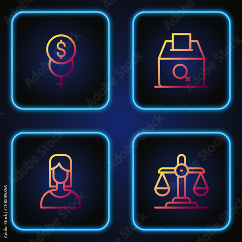 Set line Gender equality, Female, Feminism finance and vote right. Gradient color icons. Vector