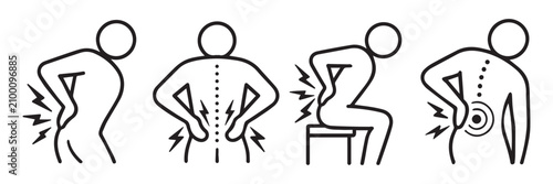 Bild auf Leinwand Back Pain Icon Set, Lower Back Injury and Sciatica Vector Icons in Outline, Soli