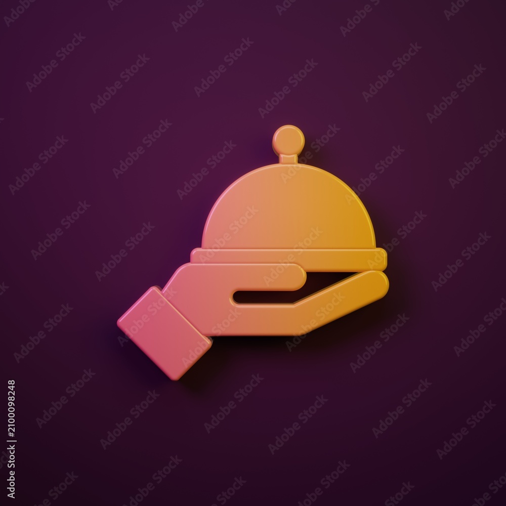 Fototapeta premium Orange-yellow Covered with a tray of food icon isolated on purple background. Tray and lid sign. Restaurant cloche with lid. Minimalism concept. 3D render illustration