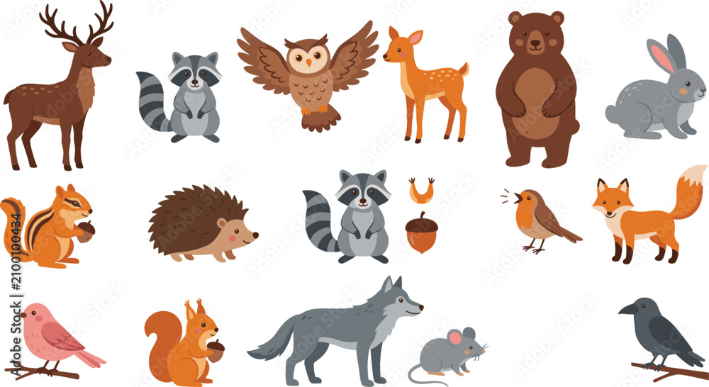 Fototapeta premium Cute forest animals cartoon vector illustration set with friendly deer raccoon owl bear rabbit chipmunk hedgehog fox squirrel wolf mouse and birds isolated on white background