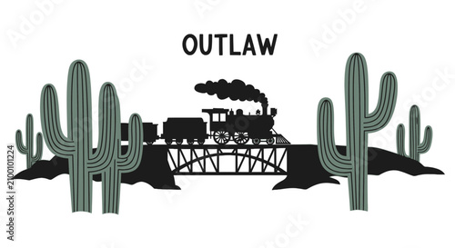 Billede på lærred Steam train crossing bridge in desert with saguaro cacti