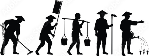 Traditional Asian farmers silhouettes performing manual agricultural tasks with rake hoe buckets watering can and banner