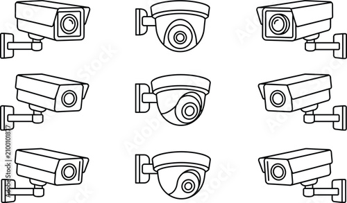 Tableau sur toile Silhouettes of security cameras including dome and box styles arranged in grid f