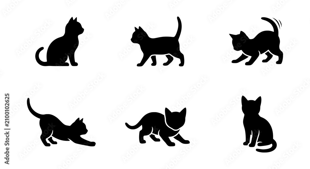 Fototapeta premium Black Cat Silhouettes: Playful Poses, Vector Icons for Pet Lovers, Animal Graphics