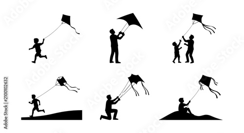 Kite flying silhouettes, playful outdoor activity, children and adults with kites, vector collection
