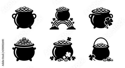 St. Patrick's Day Pot of Gold Vector Icons, Lucky Clover and Rainbow Treasure Collection