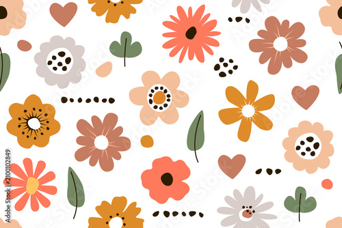 Fotografie Sweet vector seamless pattern featuring retro 70s daisies, green leaves, tiny hearts, and dots